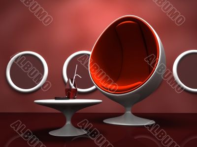 Modern interior with red chair and table