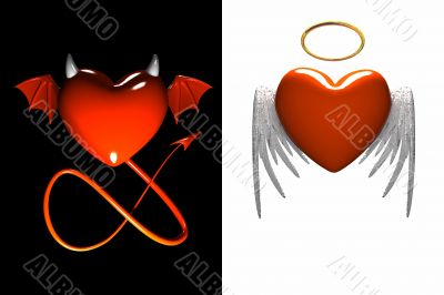 Red heart-devil and red heart-angel with wings isolated