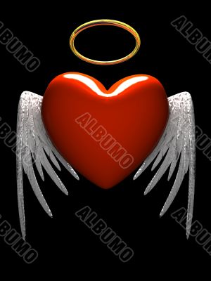 Red heart-angel with wings isolated on black background