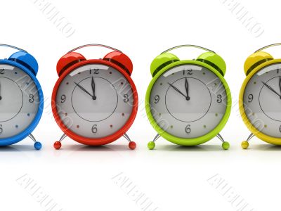Four colourful alarm clocks isolated on white background 3D