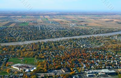 Aerial view of town near river