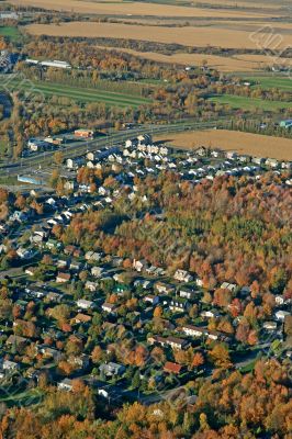 Aerial view of houses and fields