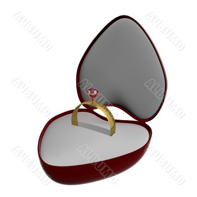 Gold ring with a stone in gift packing. 3D image.