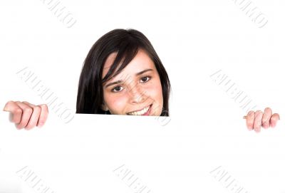 girl holding a white card