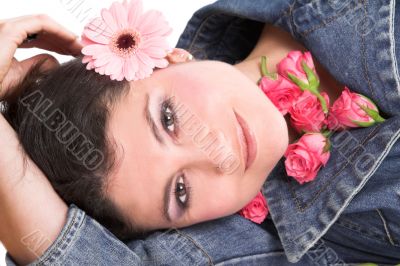 Woman with pink flowers