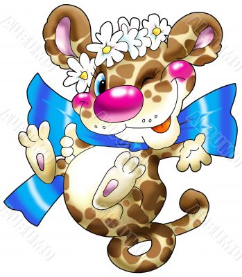 The cheerful leopard with a dark blue bow.