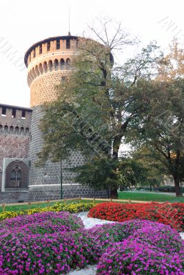 Castello Sforzesco and flowerbed