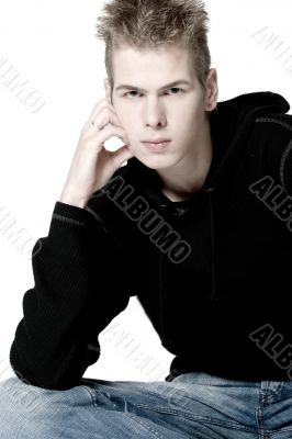 Sitting boy who`s thinking