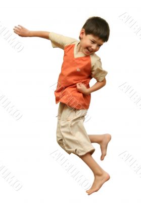 Boy jumps on white background.