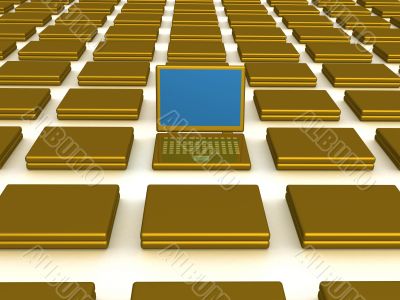 One open laptop among closed. 3D image.