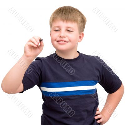 schoolboy writes a pen in air