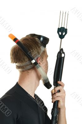 man with a harpoon gun