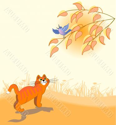 red cat looks at blue bird on a tree