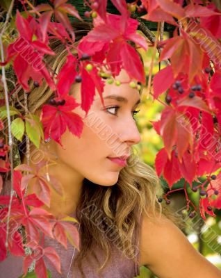 The beautiful blonde in red leaves of grapes
