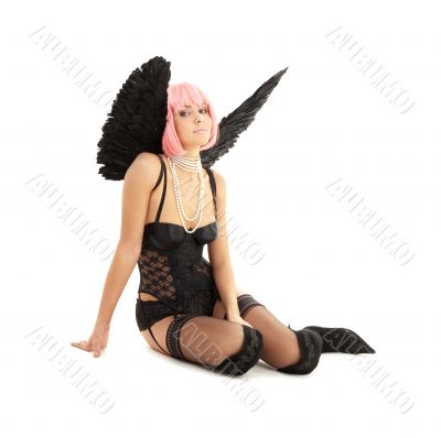 black lingerie angel with pink hair