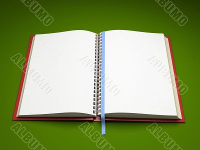 Empty pages of open notebook isolated on green background