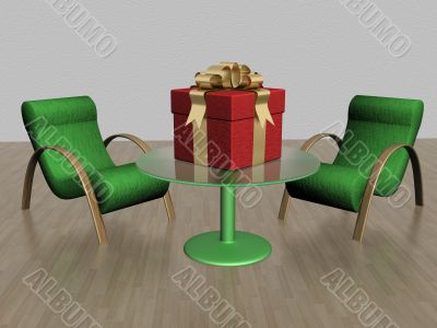 Two armchairs and gift box on a glass table. 3D image.