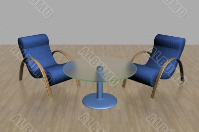 Two armchairs and glass table. 3D image.