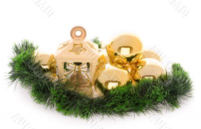 Lantern with gold balls and fir decoration
