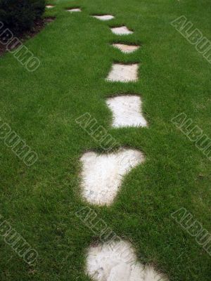 Road of white paving stones on a green lawn