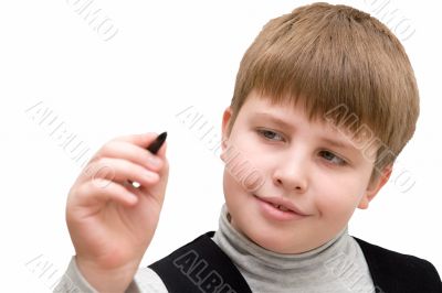 schoolboy writes in air
