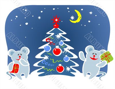 two mice and fur-tree
