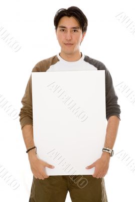 casual man holding a white board