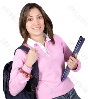 female student with books and bag
