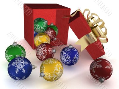 Gift box and christmas spheres. 3D image.