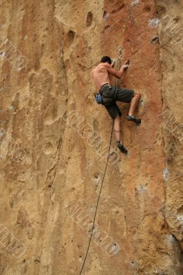 Bare back climber clinging to rock face
