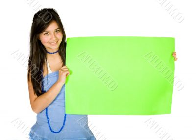 beautiful girl holding a green banner