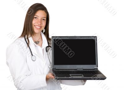 friendly female doctor with a laptop
