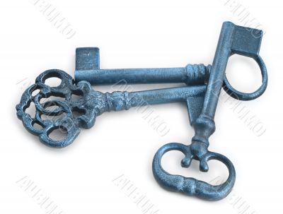 old keys in blue tones against white