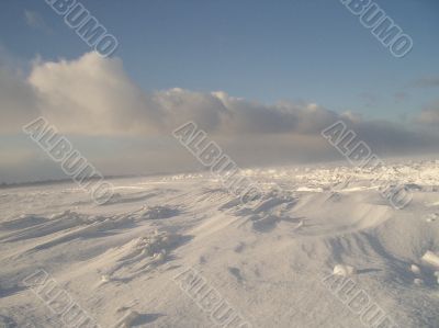 the skidmarks of a car in the snow