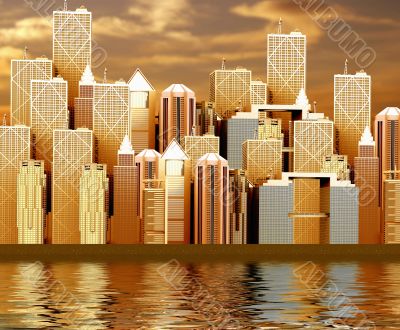 corporate buildings at sunset