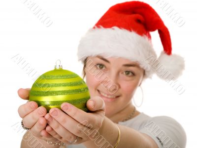 beautiful santa holding a christmas bauble