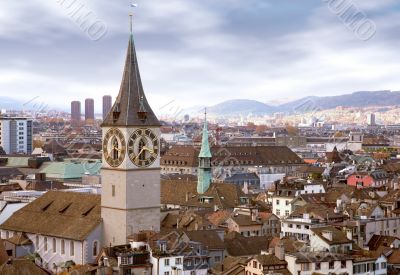 zurich skyline with tower clock