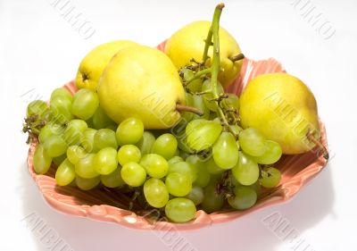 pears and grapes in pink vase 3