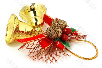 Golden bells with red ribbon