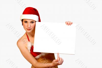 Christmas girl holding up a white sign