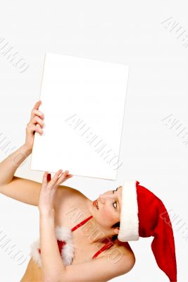 Christmas girl holding up a white sign
