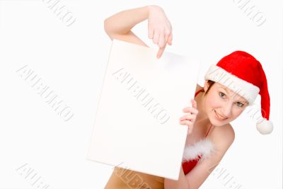 Christmas girl holding up a white sign