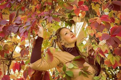 Portrait of the beautiful girl in autumn park