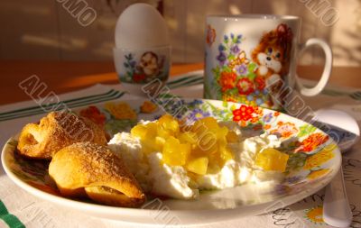 cottage cheese with jam, milk and cookies