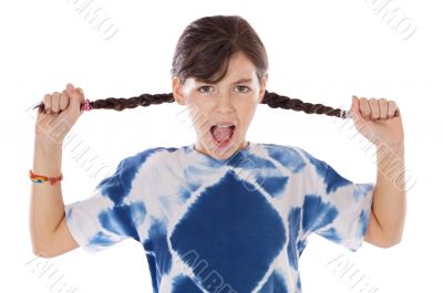 girl holding braids and shouting