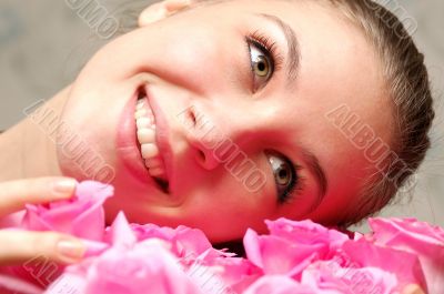 happy girl and bouquet of roses