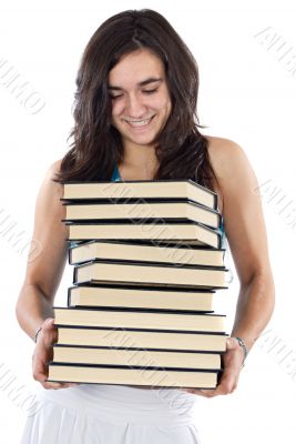 Girl with pile of books