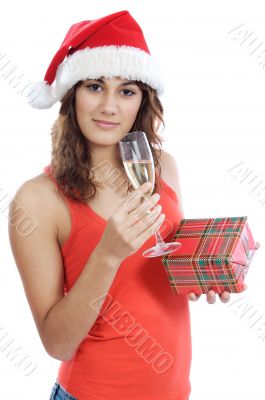 santa girl with present and glass