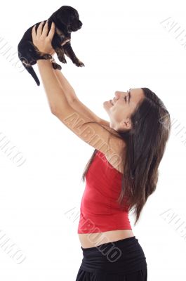 Girl holding dog
