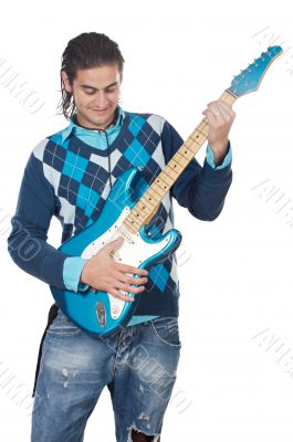 Young playing electric guitar